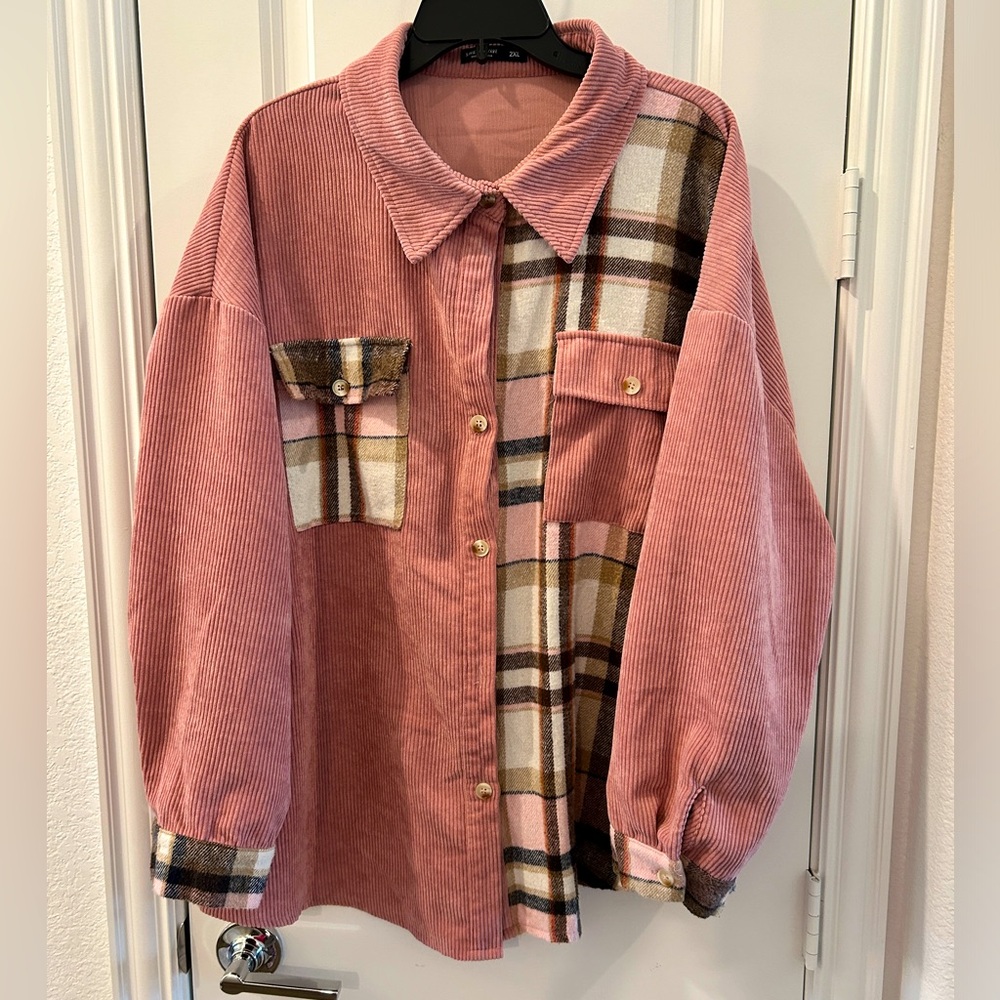 Pink, plaid shacket. SHEIN 2 XL